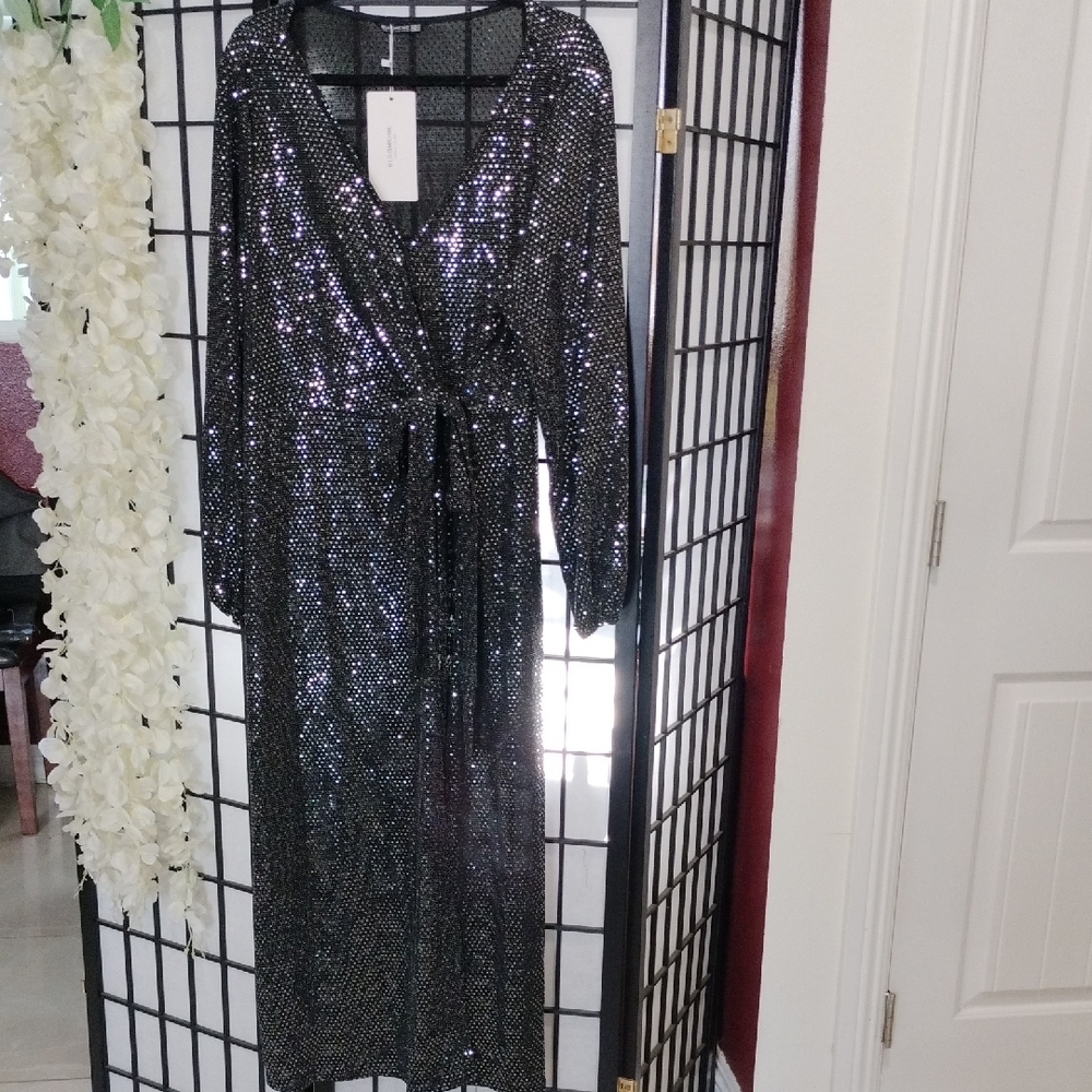 Black Sequin Wrap Long Sleeve Dress maxi Length